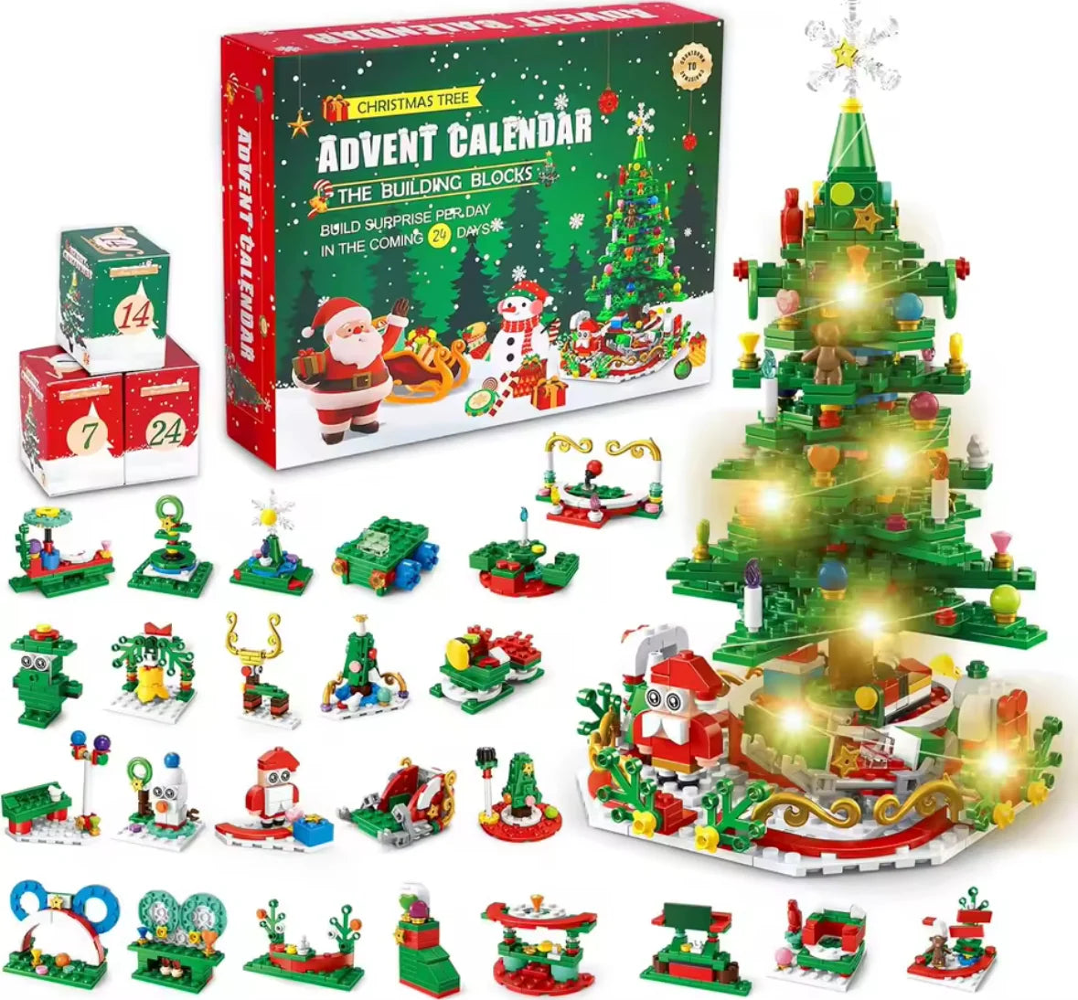 Kreativer XXL LED Baustein Adventskalender | XXL 2 in 1 LED Baustein Set mit 24 Figuren | Spaß und Licht für die Vorweihnachtszeit