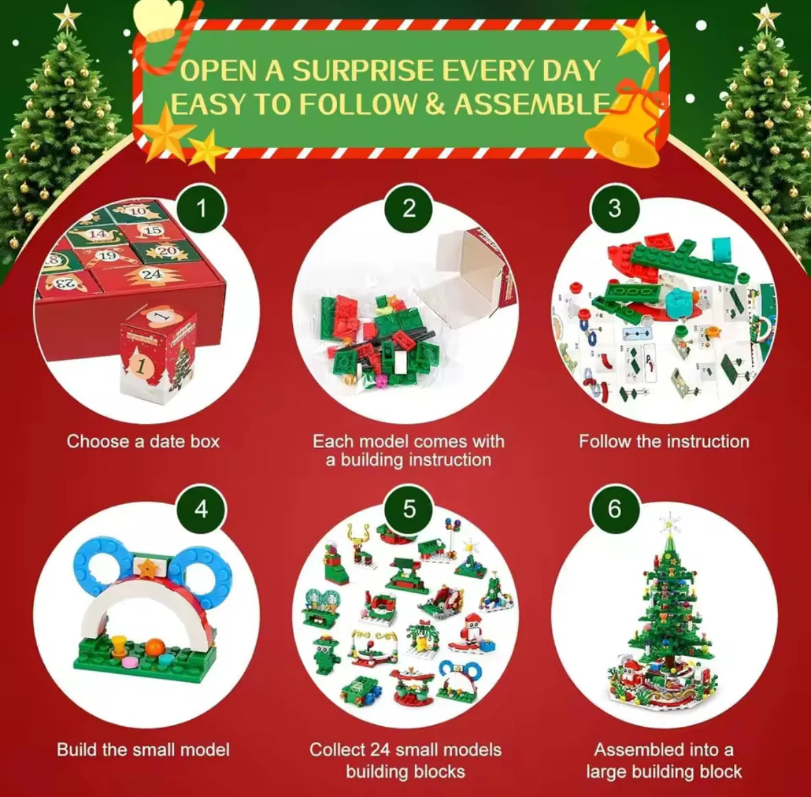 Kreativer XXL LED Baustein Adventskalender | XXL 2 in 1 LED Baustein Set mit 24 Figuren | Spaß und Licht für die Vorweihnachtszeit